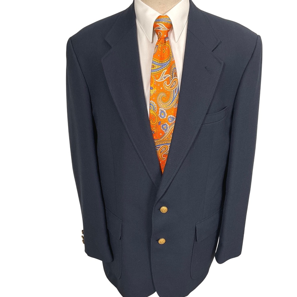 Stafford Blazer Mens 43 L Navy Blue Gold Crest Buttons Executive Jacket